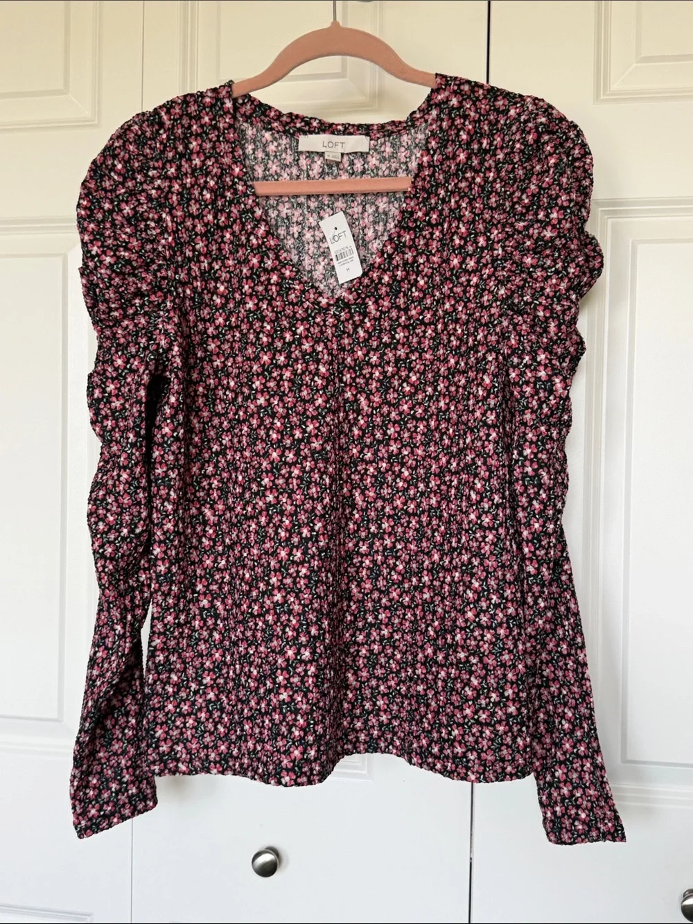 LOFT Black Floral V-Neck Puff Sleeve Blouse with Pink Flowers